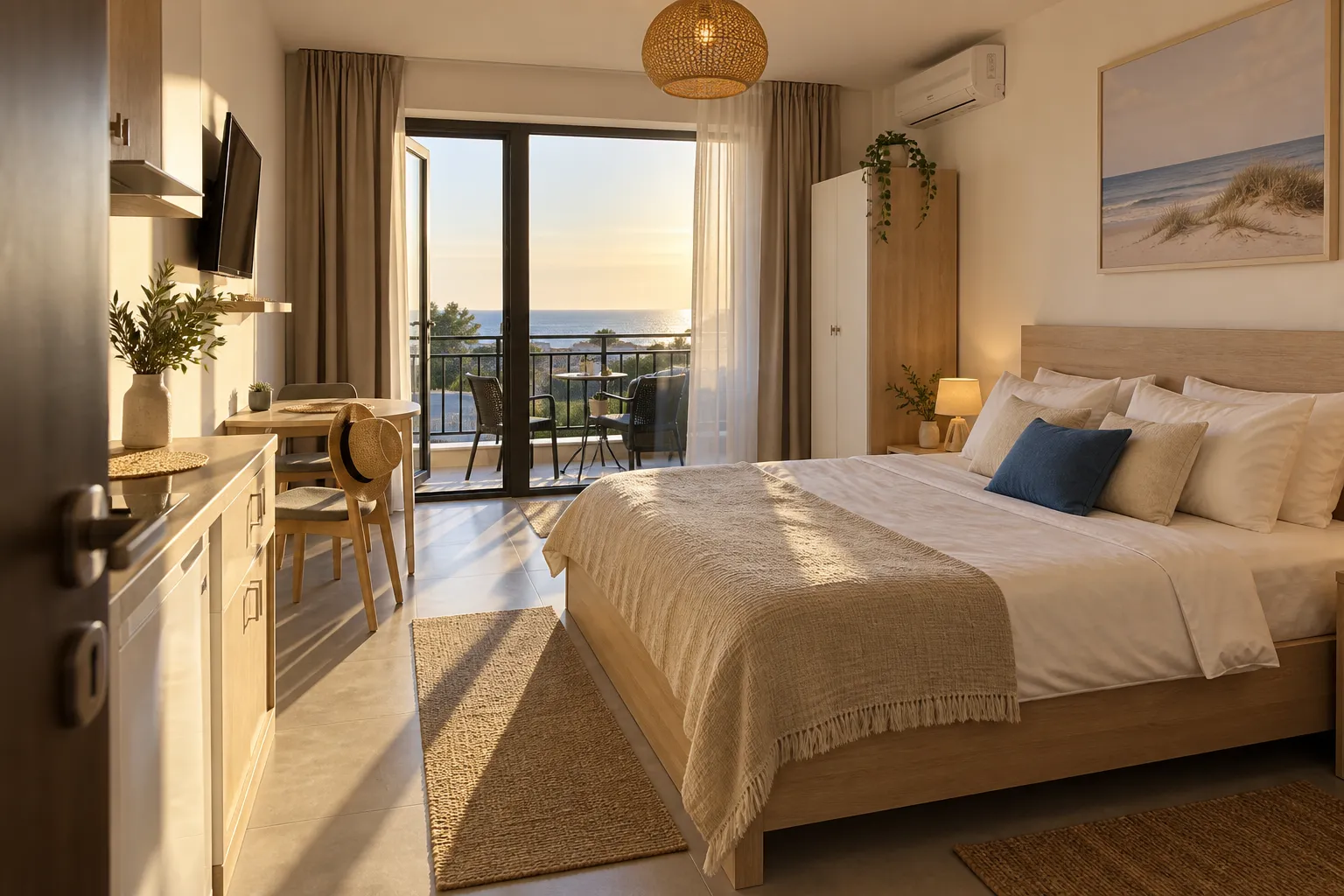 Studio fictiv cu balcon și lumină de seară